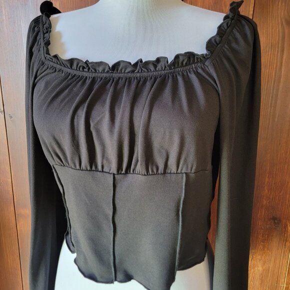 Black Off-Shoulder Crop Top Women L Ruffle Neck Balloon Sleeve Y2K 90s Vintage - Picture 6 of 13